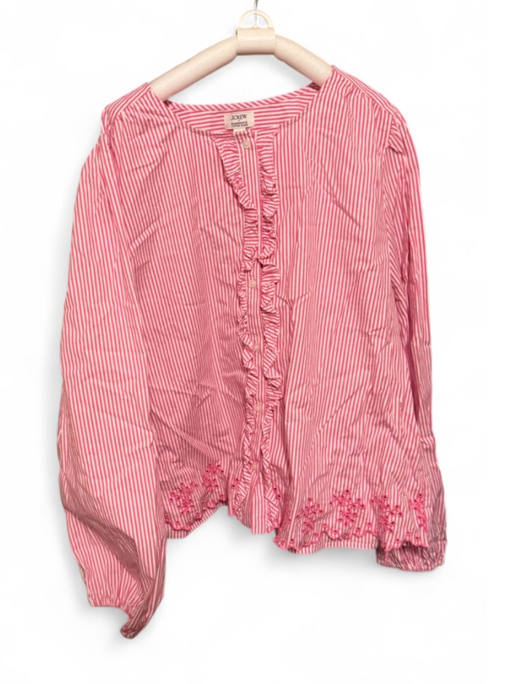 J. Crew Pink and White Striped Ruffle Front Button-Down Top
